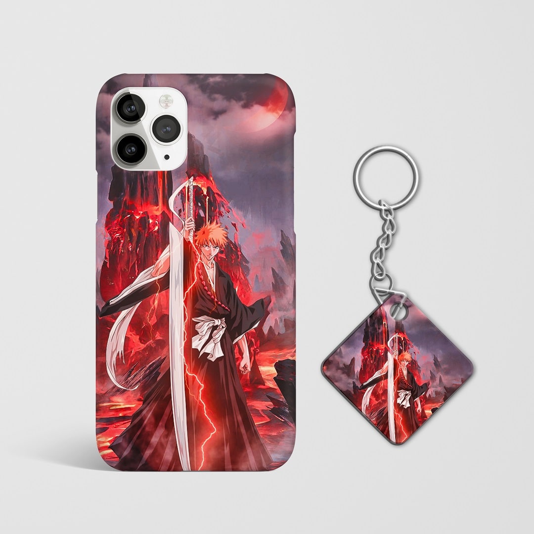 Close-up of Ichigo Kurosaki’s intense expression on graphic phone case with Keychain.