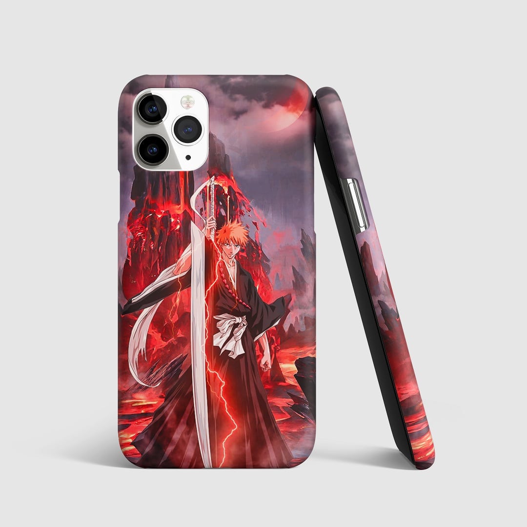 Bold and dynamic artwork of Ichigo Kurosaki from "Bleach" on phone cover.