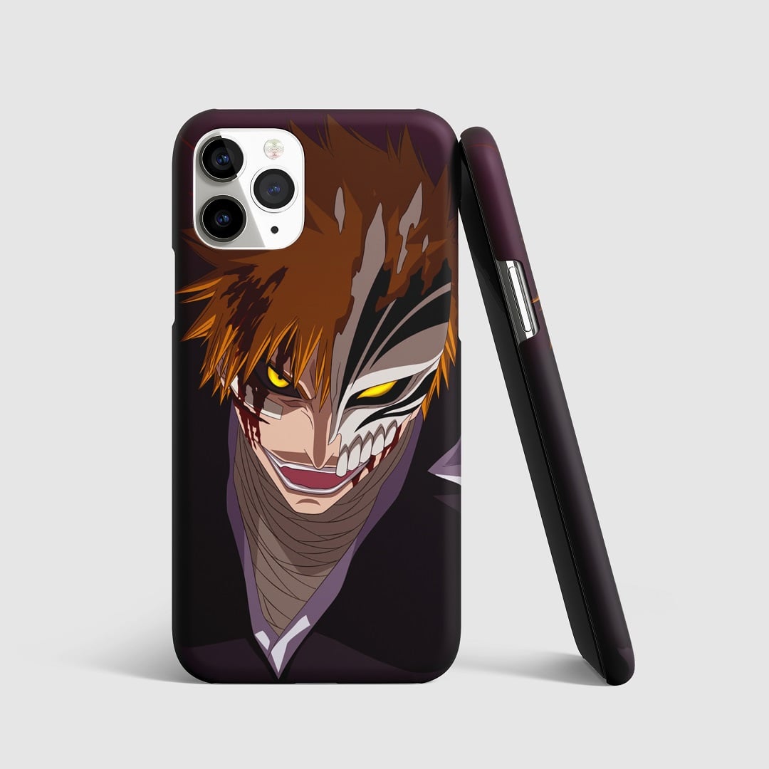 Striking artwork of Ichigo Kurosaki wearing Hollow mask from "Bleach" on phone cover.