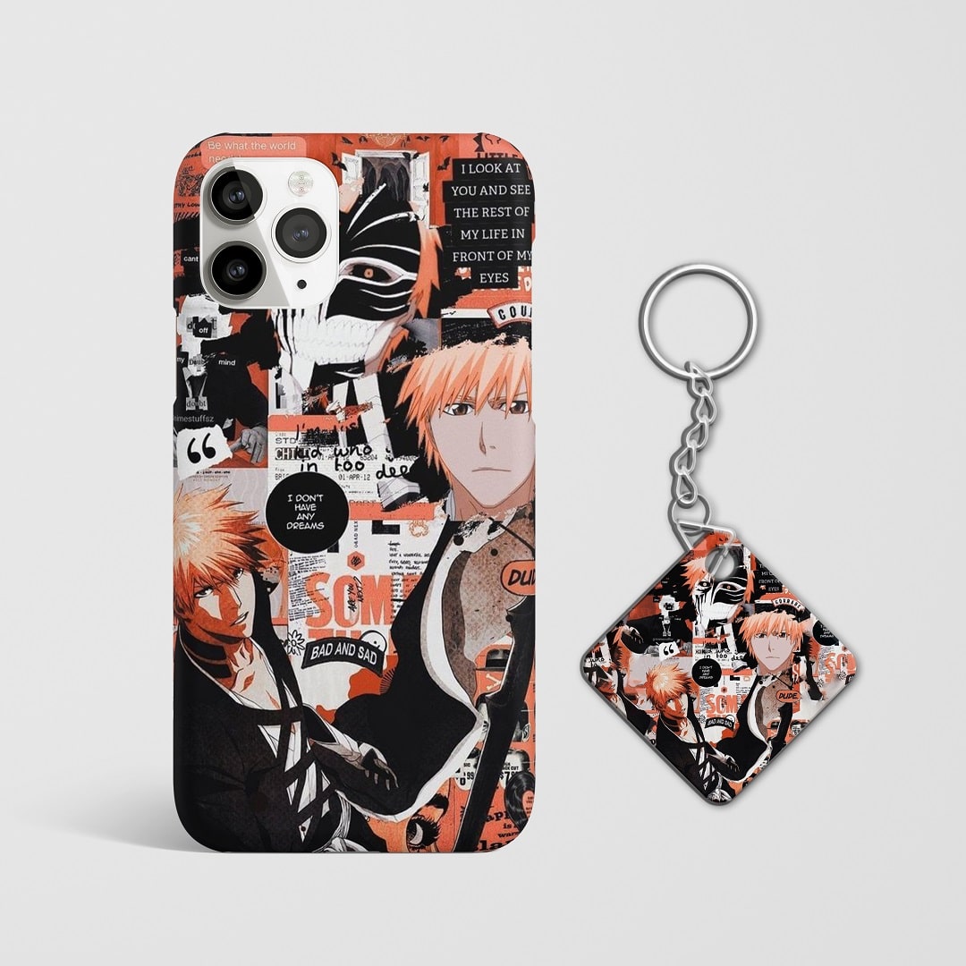Close-up of Ichigo Kurosaki’s determined expression in manga style on phone case with Keychain.
