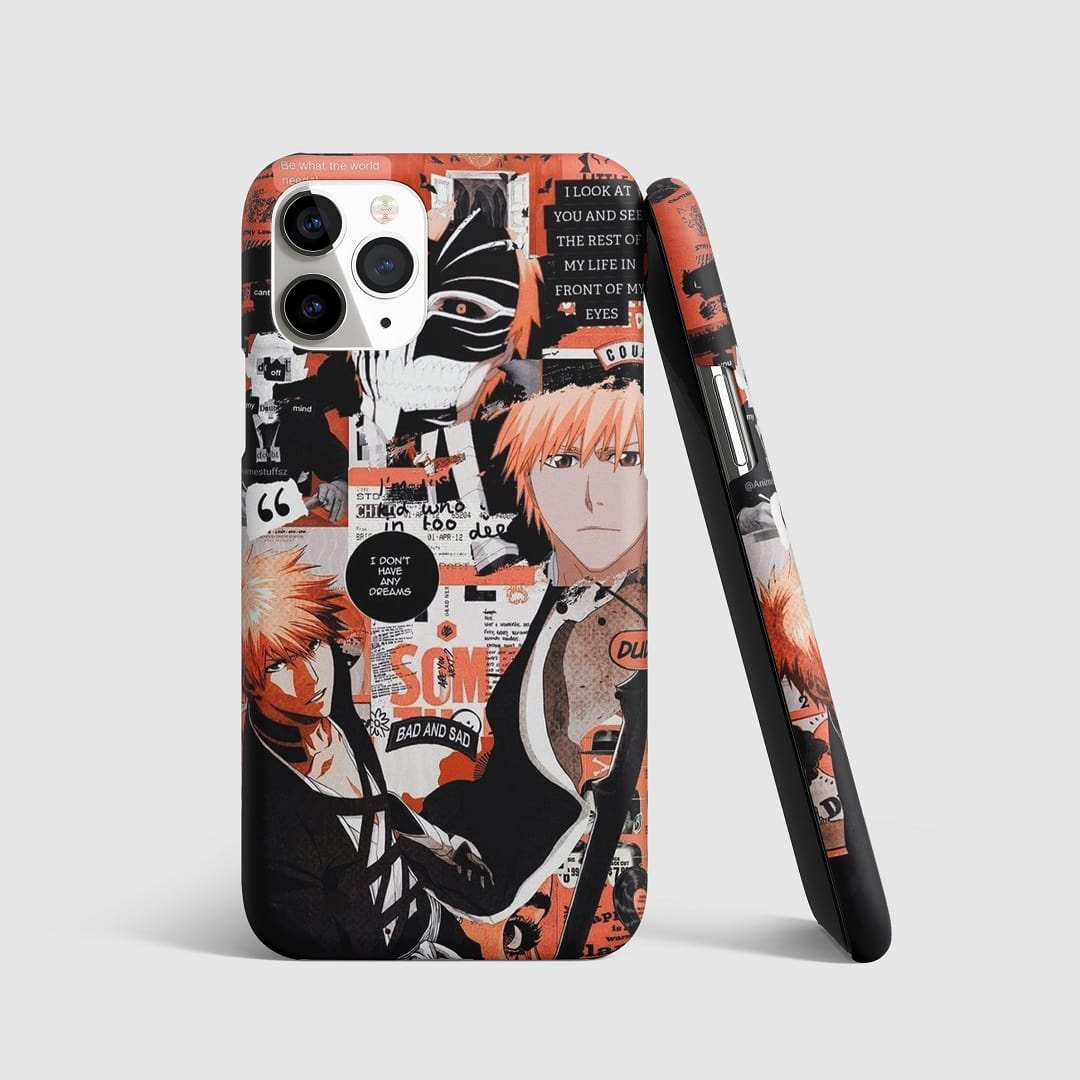 Classic manga-style artwork of Ichigo Kurosaki from "Bleach" on phone cover.