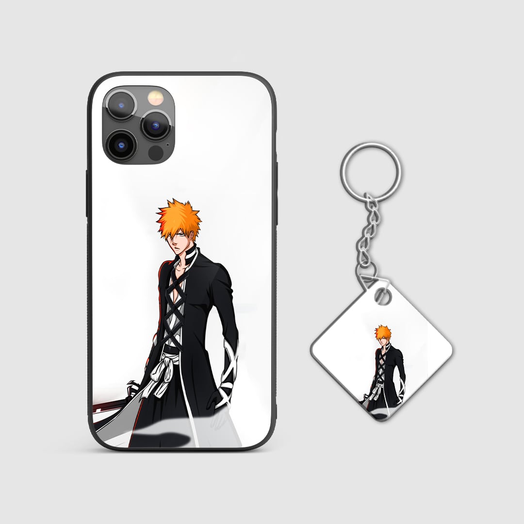 Minimalist design of Ichigo Kurosaki from Bleach on a durable silicone phone case with Keychain.