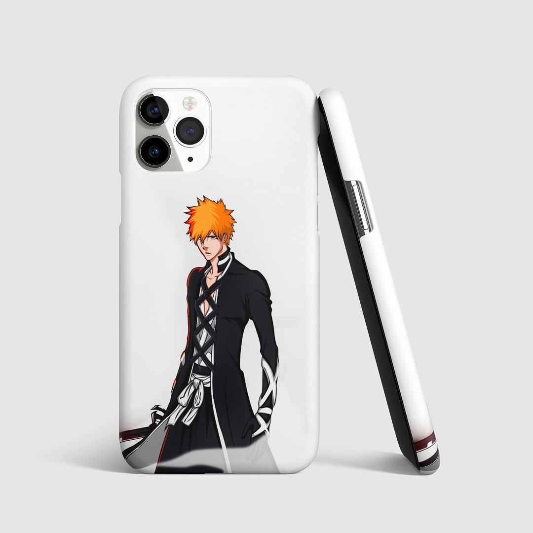 Minimalist artwork of Ichigo Kurosaki from "Bleach" on phone cover.