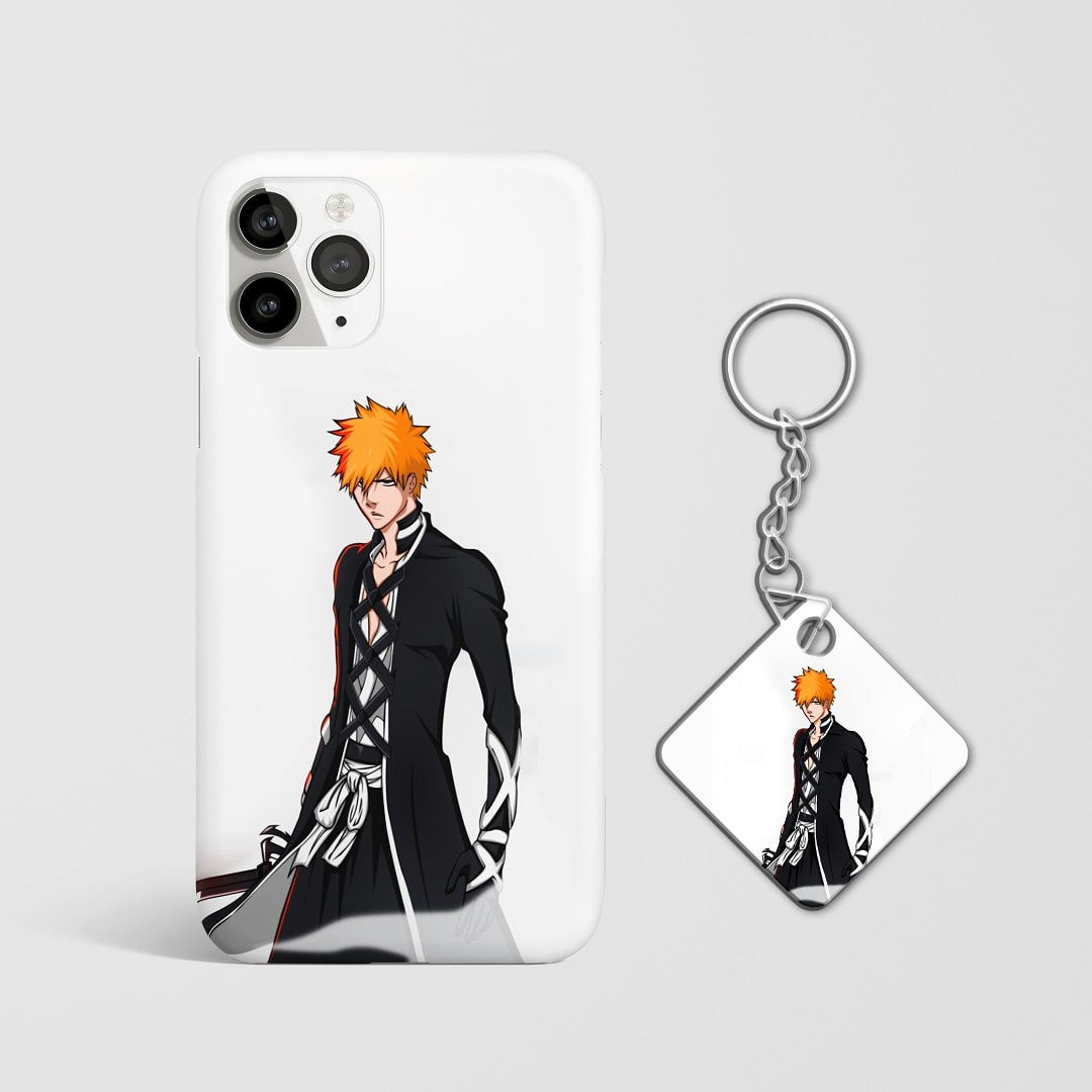 Close-up of Ichigo Kurosaki’s determined expression in minimalist style on phone case with Keychain.