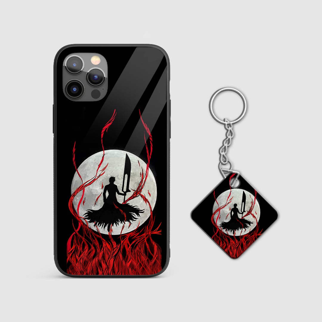 Powerful design of Ichigo Kurosaki from Bleach under the moonlight on a durable silicone phone case with Keychain.