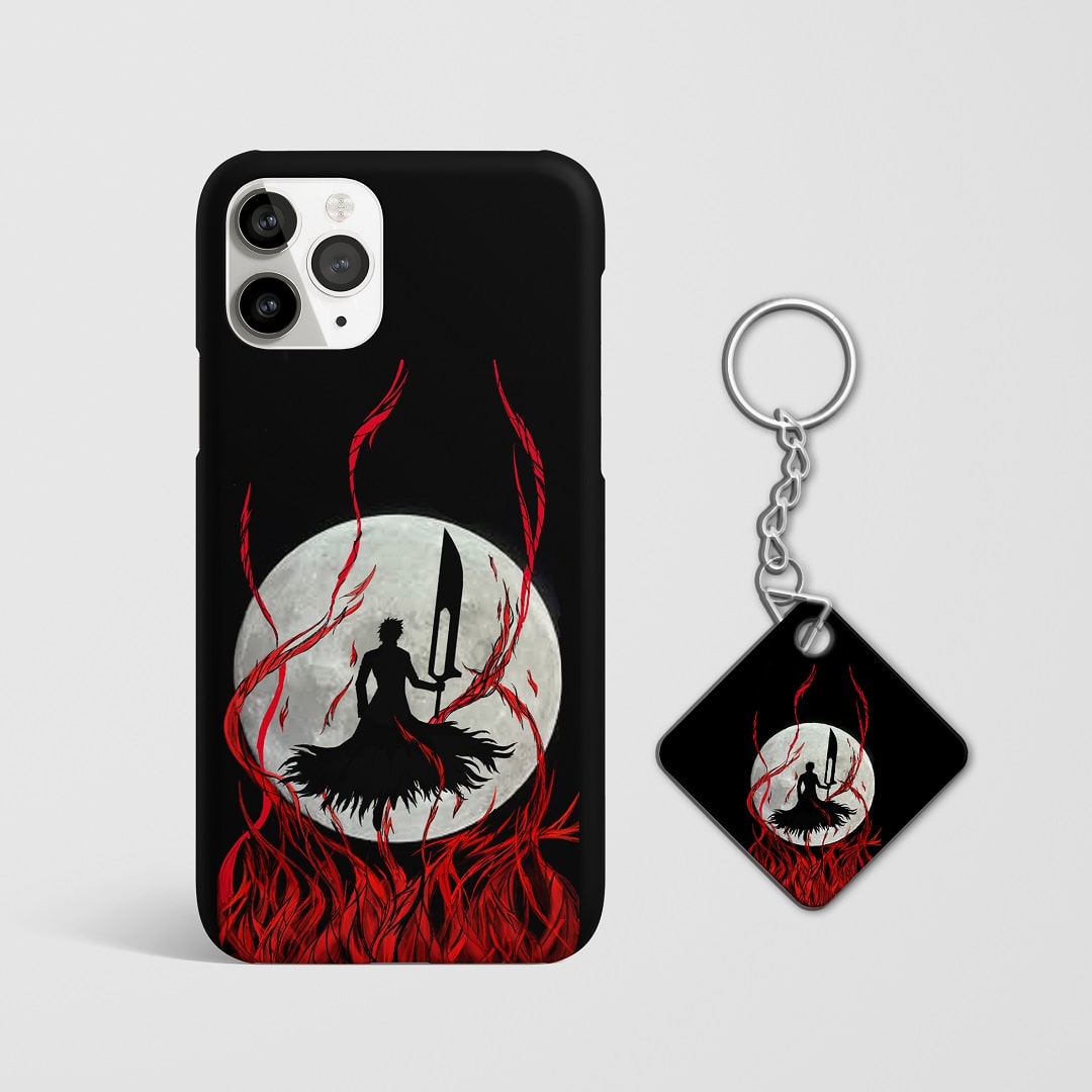 Close-up of Ichigo Kurosaki’s intense expression with moon background on phone case with Keychain.