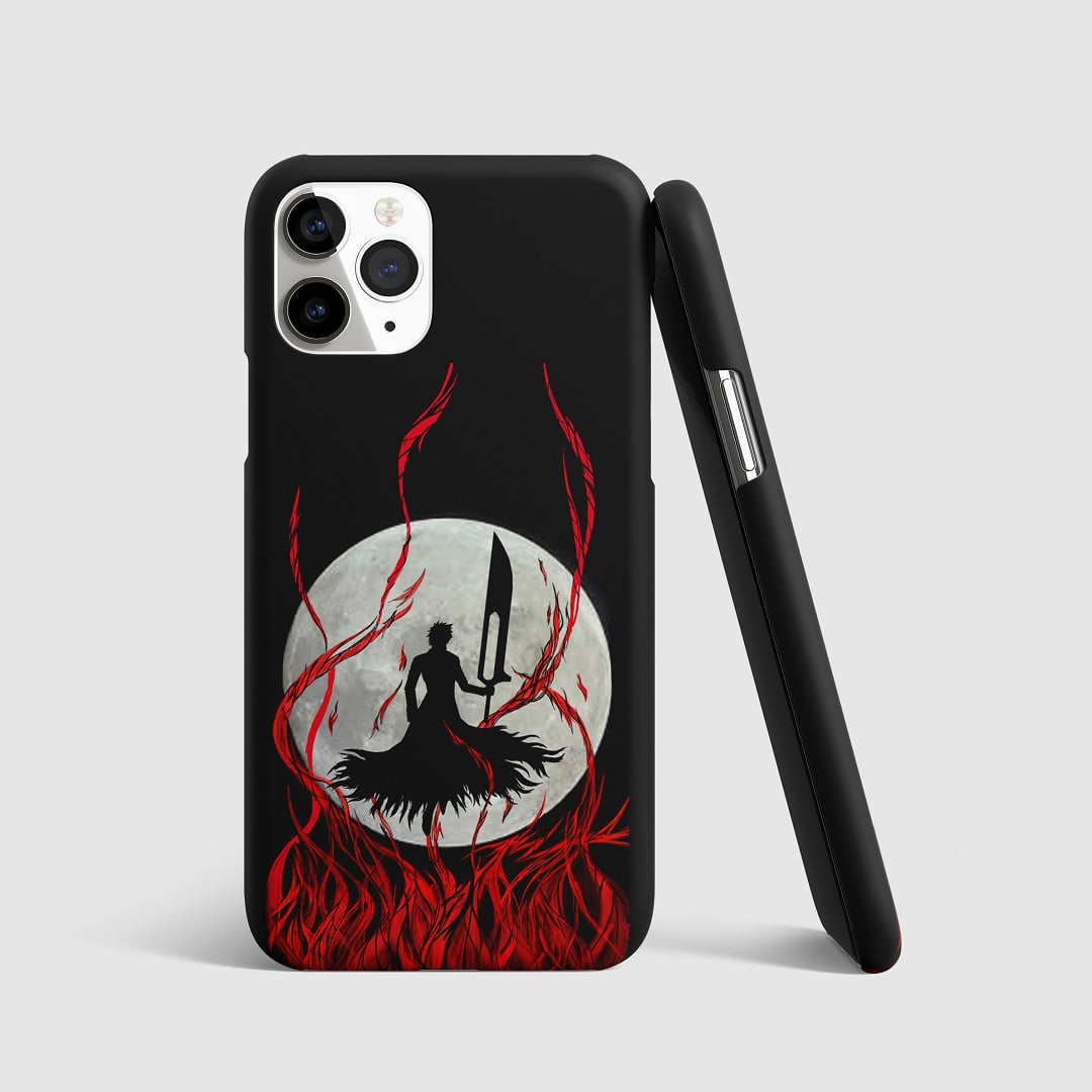 Striking artwork of Ichigo Kurosaki under a moonlit sky from "Bleach" on phone cover.