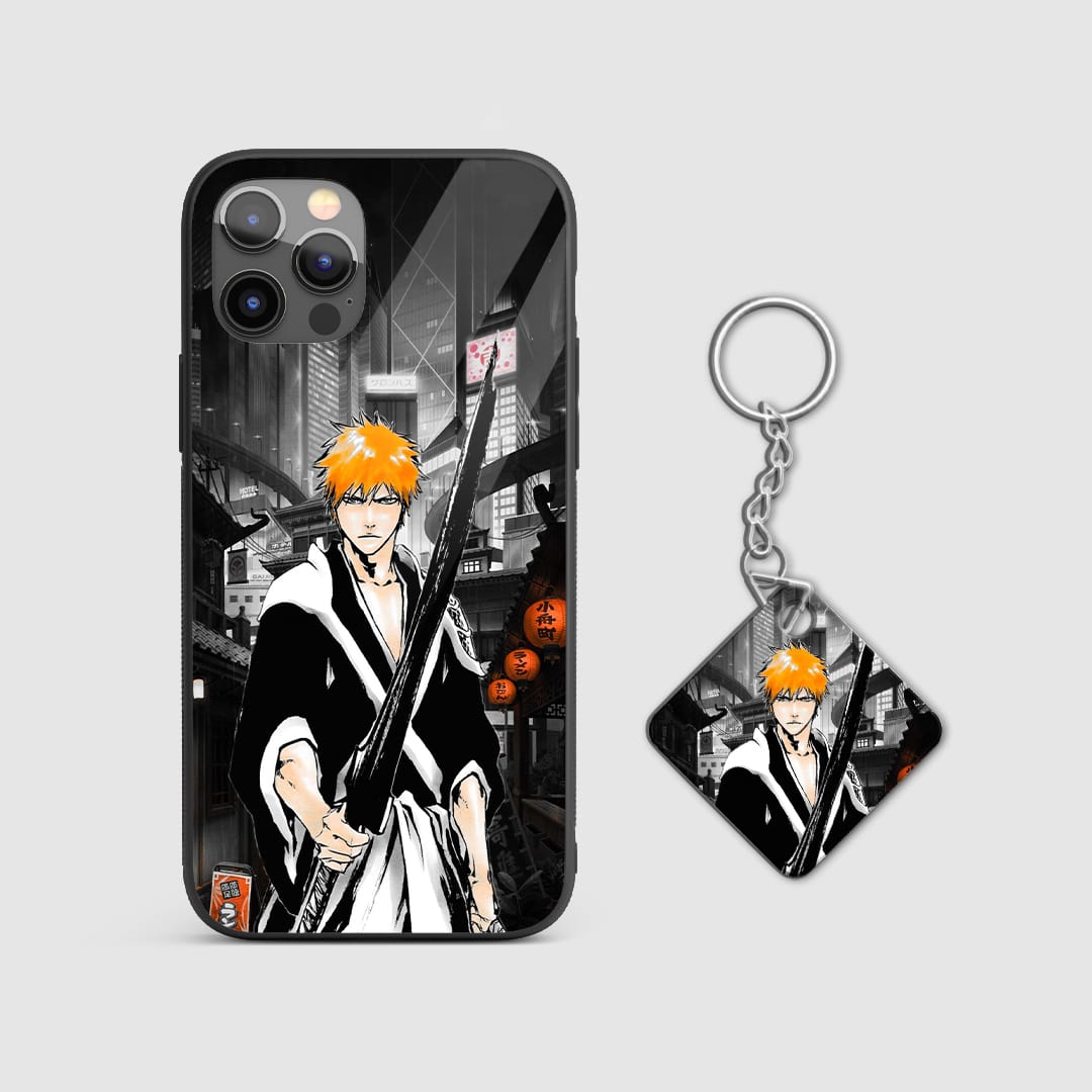 Night-themed design of Ichigo Kurosaki from Bleach on a durable silicone phone case with Keychain.