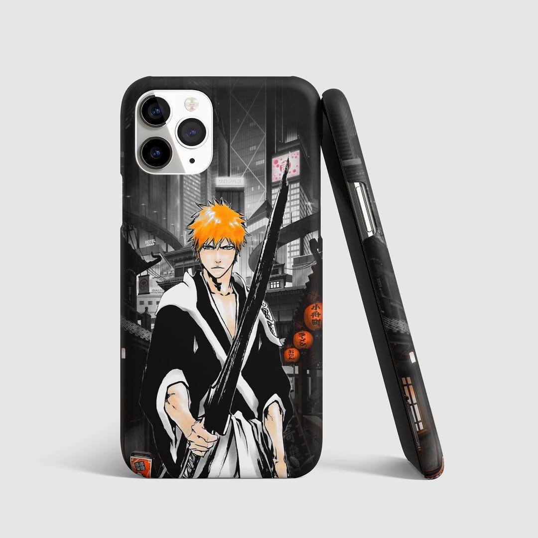 Striking artwork of Ichigo Kurosaki against a night sky from "Bleach" on phone cover.