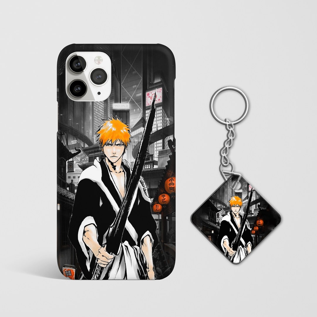 Close-up of Ichigo Kurosaki’s intense expression with a night sky background on phone case with Keychain.