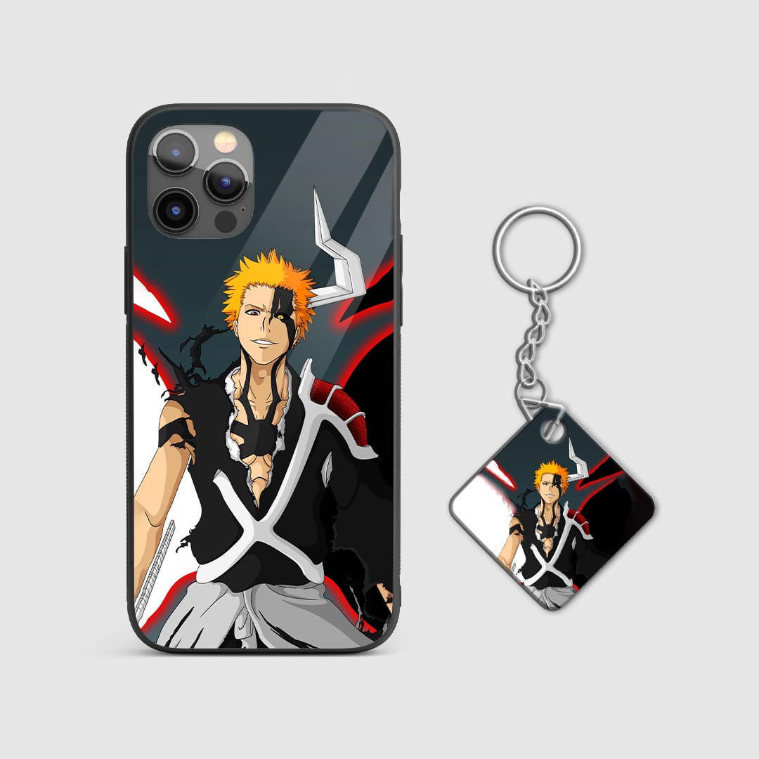 Powerful design of Ichigo Kurosaki in Bankai form from Bleach on a durable silicone phone case with Keychain.