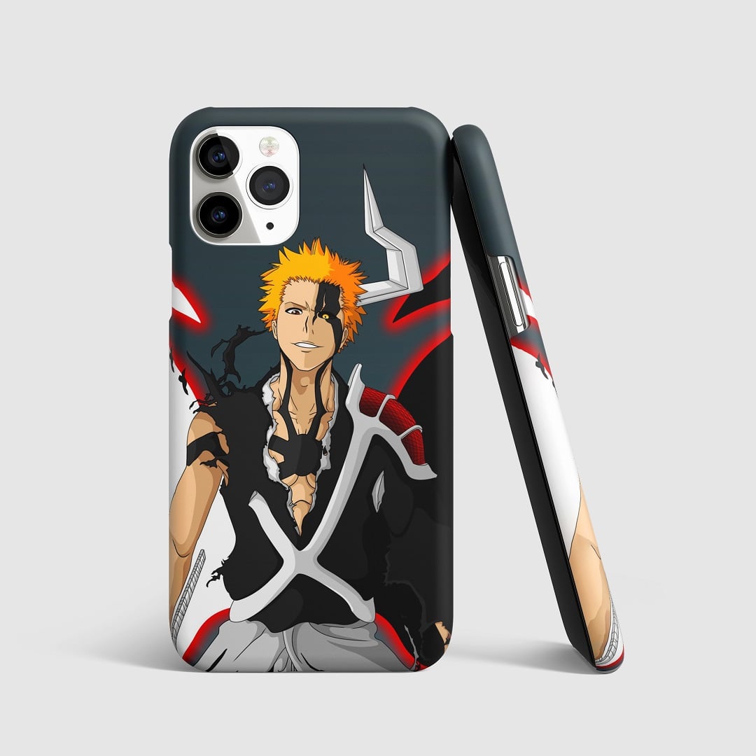 Striking artwork of Ichigo Kurosaki in True Bankai form from "Bleach" on phone cover.