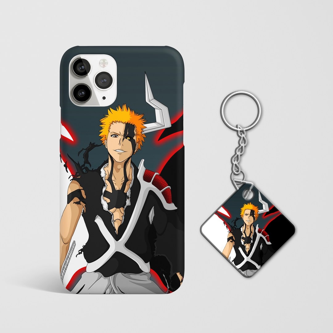 Close-up of Ichigo Kurosaki’s intense expression in True Bankai form on phone case with Keychain.