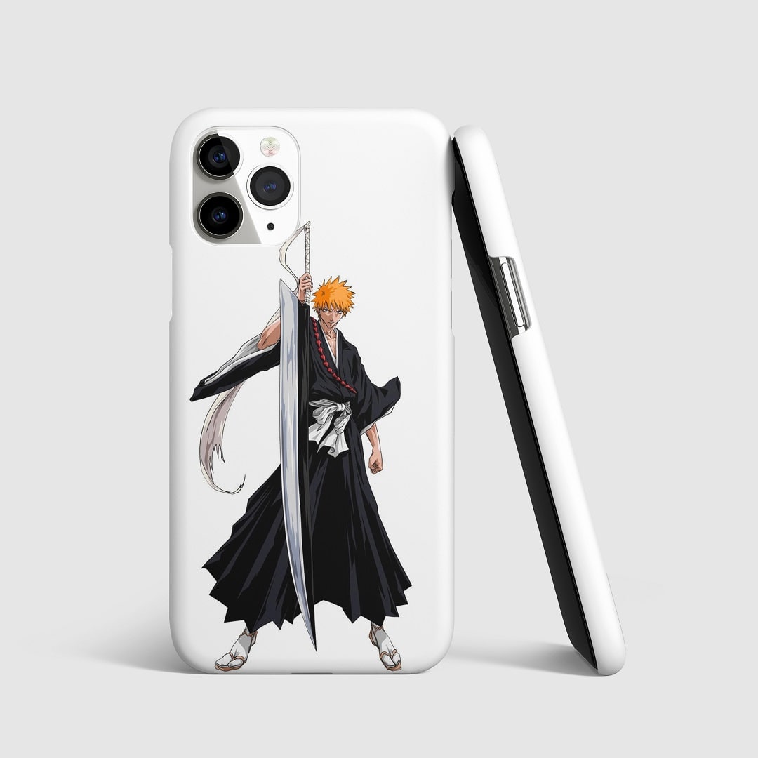 Striking artwork of Ichigo Kurosaki from "Bleach" on white phone cover.