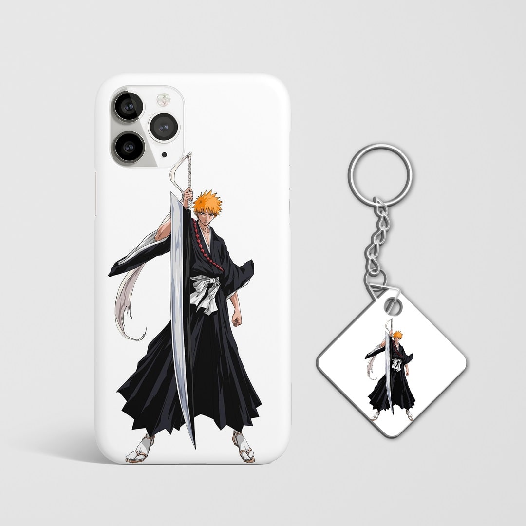 Close-up of Ichigo Kurosaki’s intense expression on white phone case with Keychain.