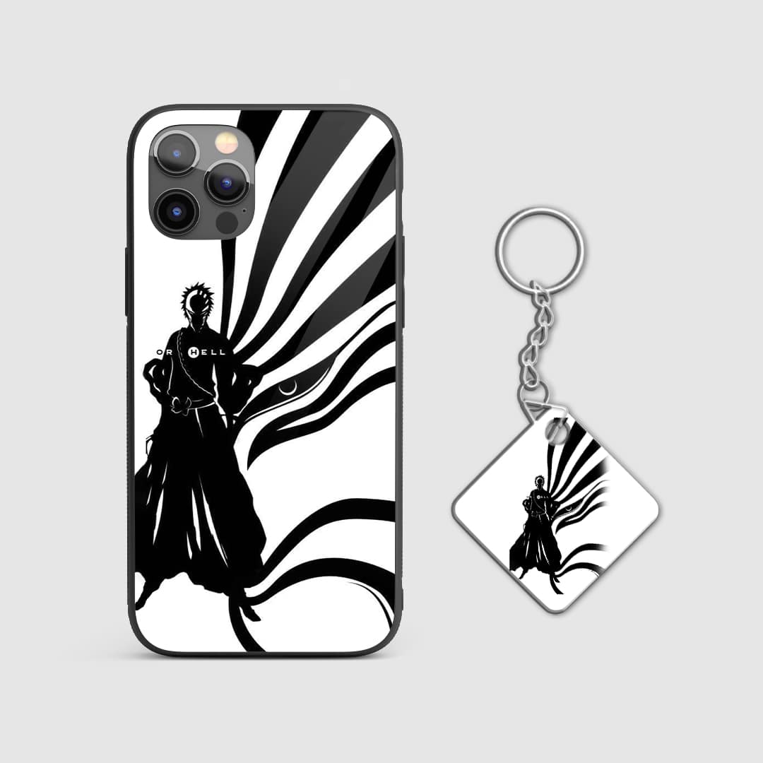 Bold white and black design of Ichigo Kurosaki from Bleach on a durable silicone phone case with Keychain.