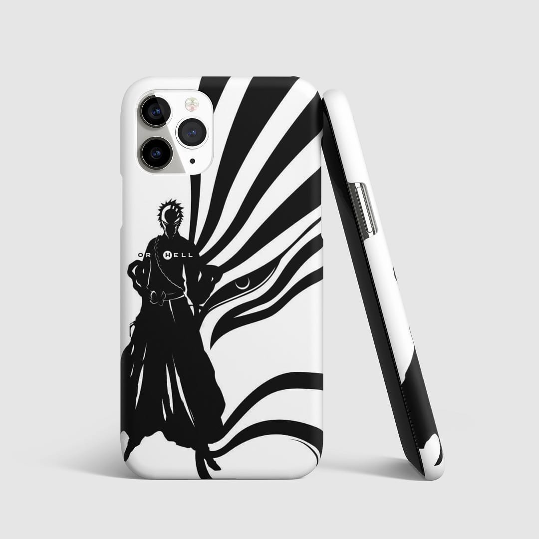 Striking artwork of Ichigo Kurosaki in white and black from "Bleach" on phone cover.