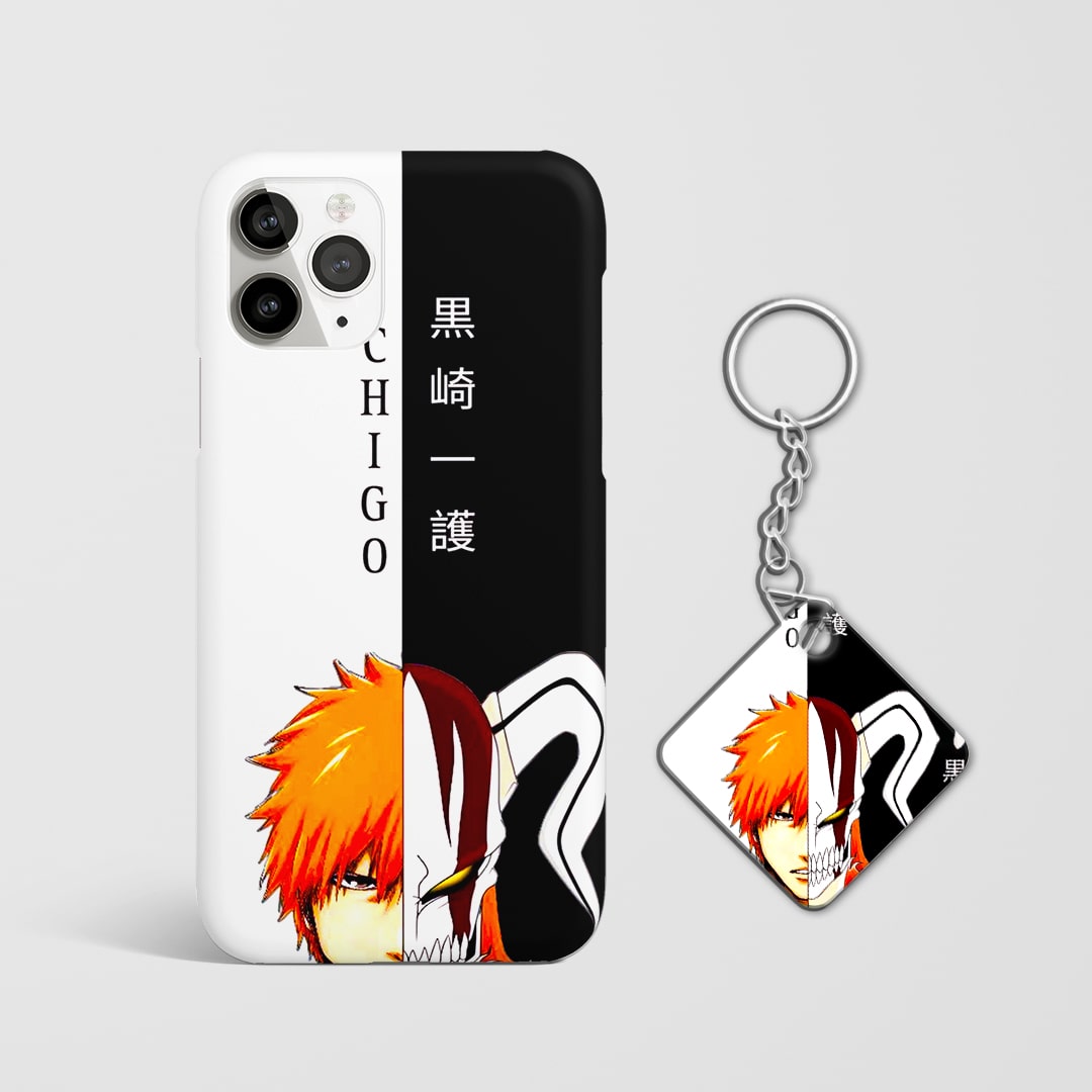 Black & white Ichigo artwork phone cover with Keychain