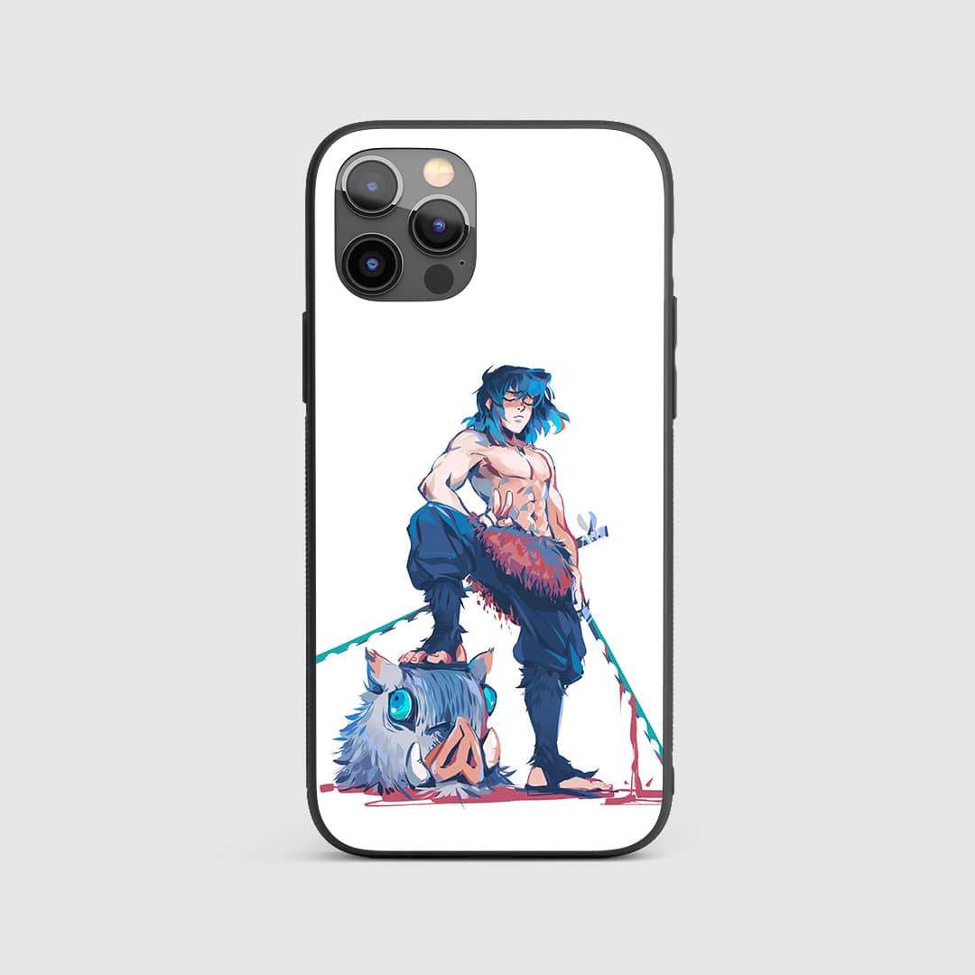 Inosuke Flexing Silicone Armored Phone Case featuring bold artwork of Inosuke Hashibira.