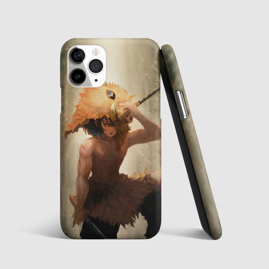 Bold and dynamic artwork of Inosuke Hashibira on phone cover.