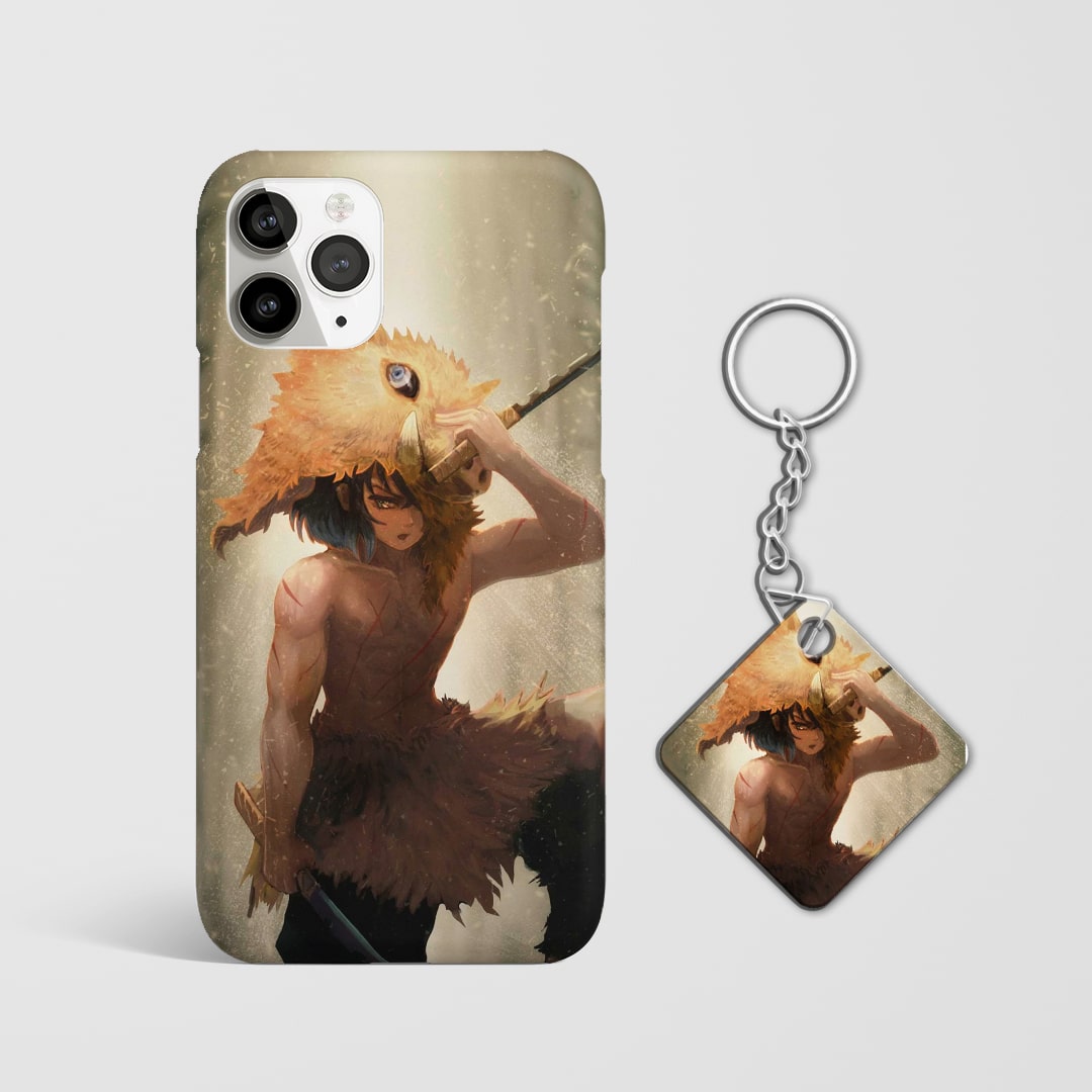 Close-up of Inosuke Hashibira’s fierce expression on phone case with Keychain.