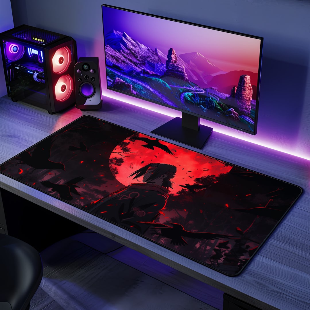 Itachi Red Moon Desk Mat with bold anime artwork