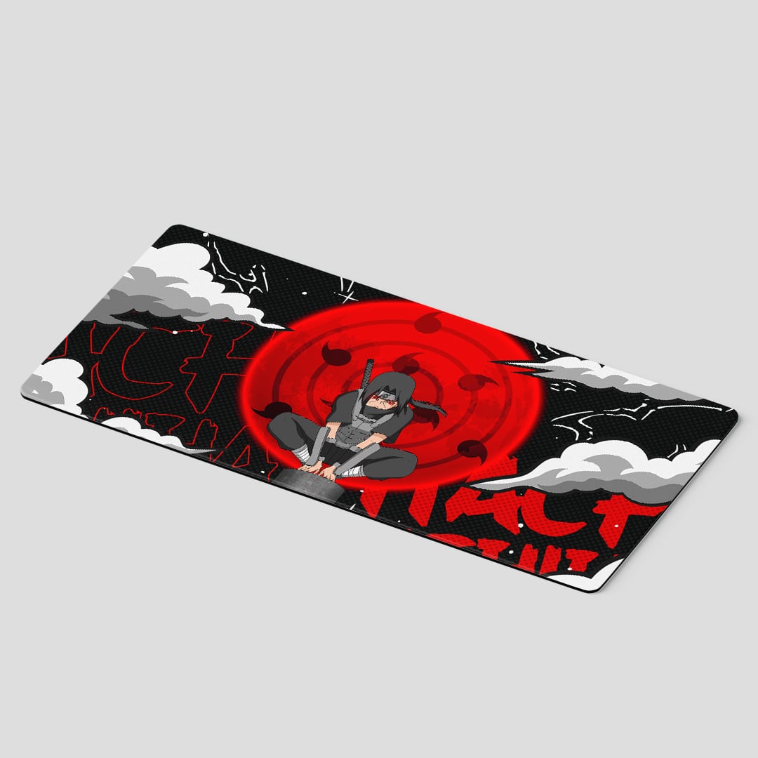 Striking Itachi Uchiha Red Moon themed desk mat