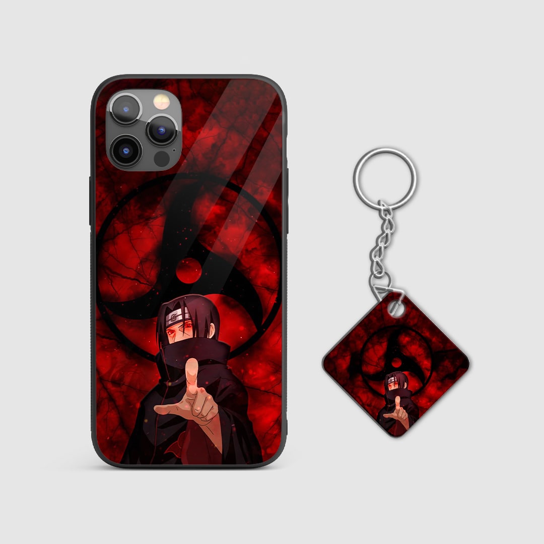 Detailed image of Sharingan eye on Itachi Armored Phone Case with Keychain.