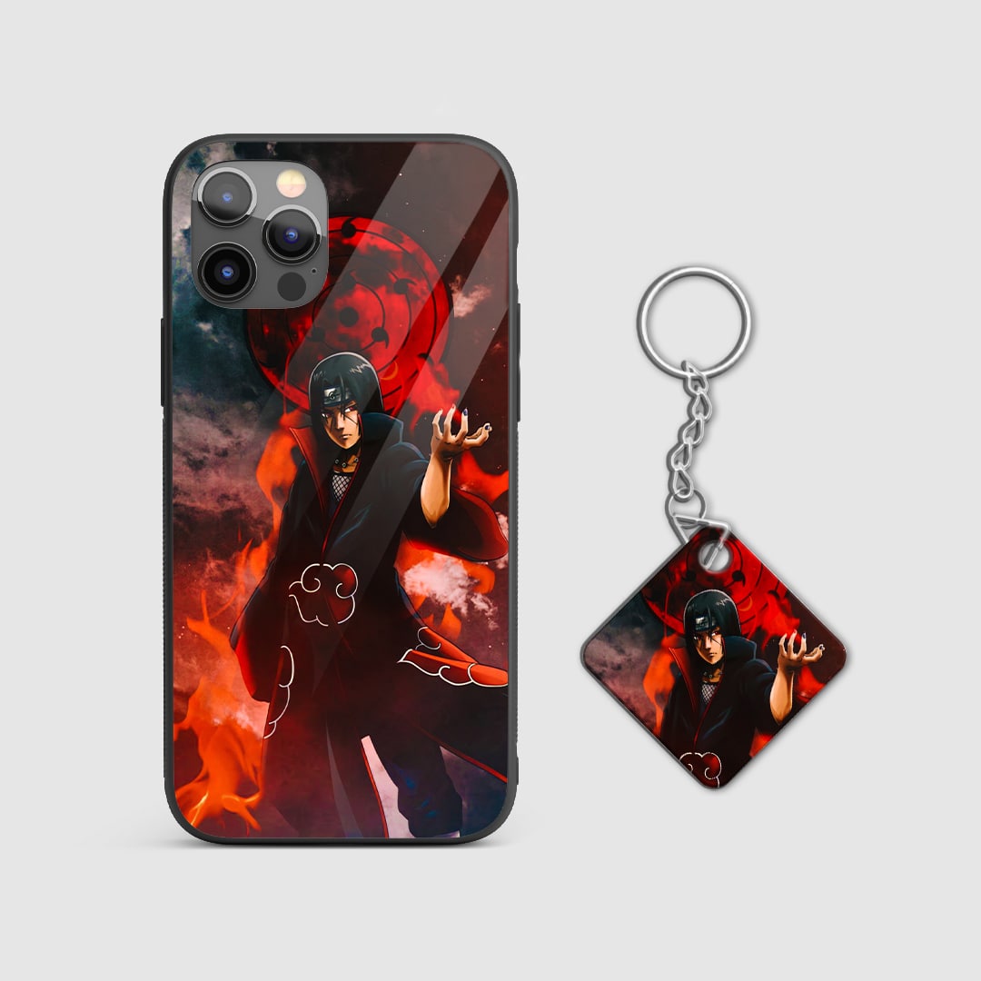 Zoomed-in view of Itachi's face on the silicone armored phone case with Keychain.
