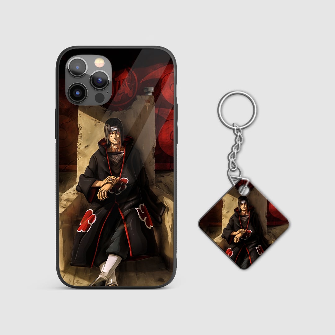 Detailed artwork of Itachi on his throne on the armored phone case with Keychain.