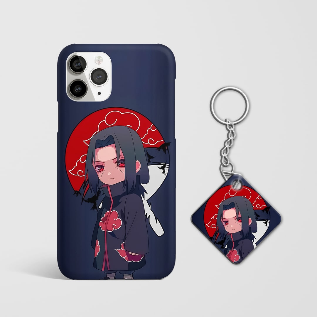 Back view of Itachi Chibi Phone Cover featuring playful anime design with Keychain.