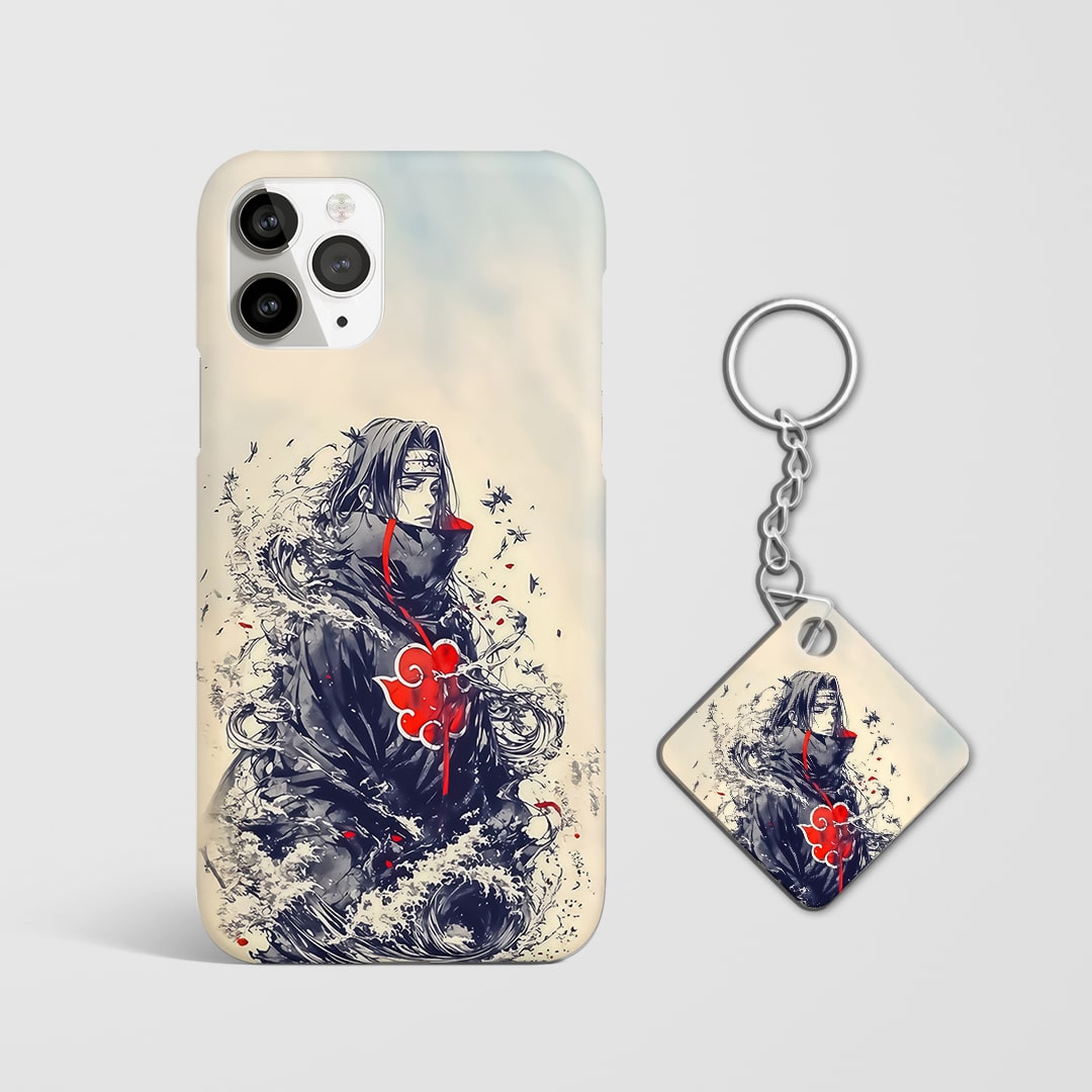 Back view of Itachi Dispersed Phone Cover showing fading crow effect with Keychain.