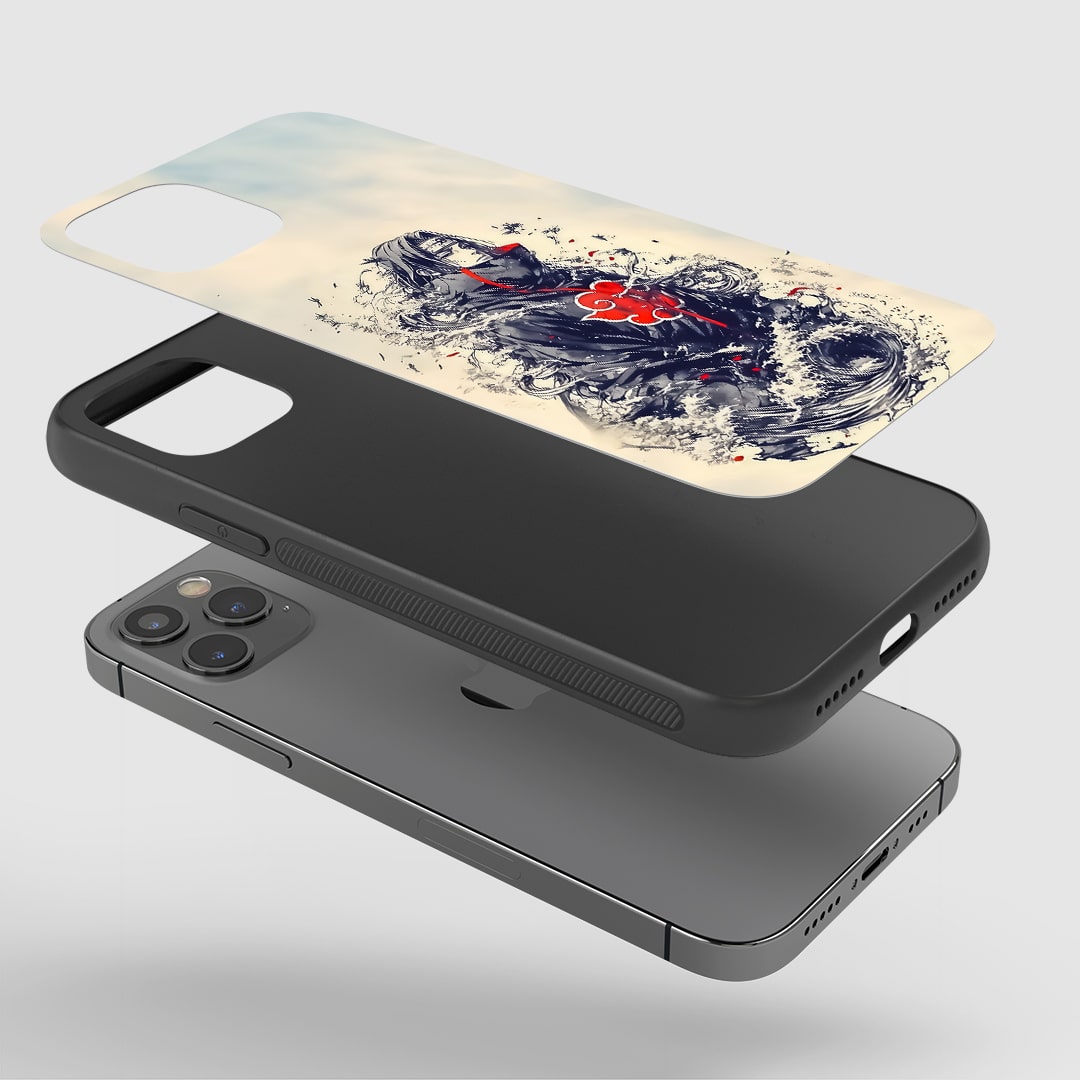 Angled view of Itachi Dispersed Phone Case featuring dynamic design.