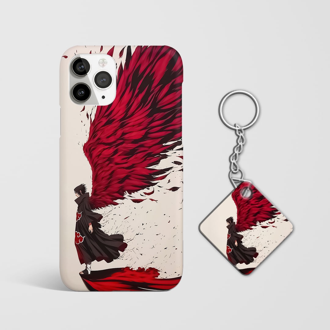 Back view of Itachi Feather Phone Cover featuring elegant Uchiha design with Keychain.