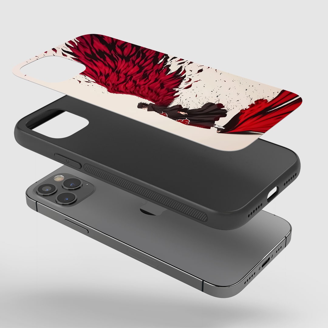 Angled view of Itachi Feather Phone Case showing elegant Uchiha styling.