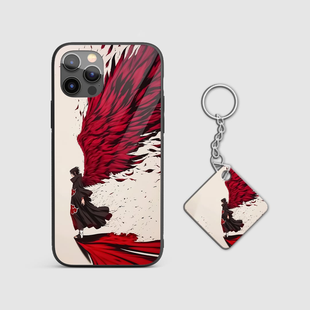 Back view of Itachi Feather Case featuring soft anime artwork with Keychain.