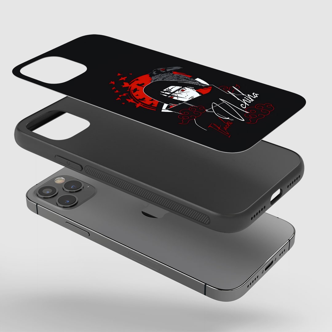 Angled view of Itachi Minimal Phone Case featuring minimal Uchiha style.