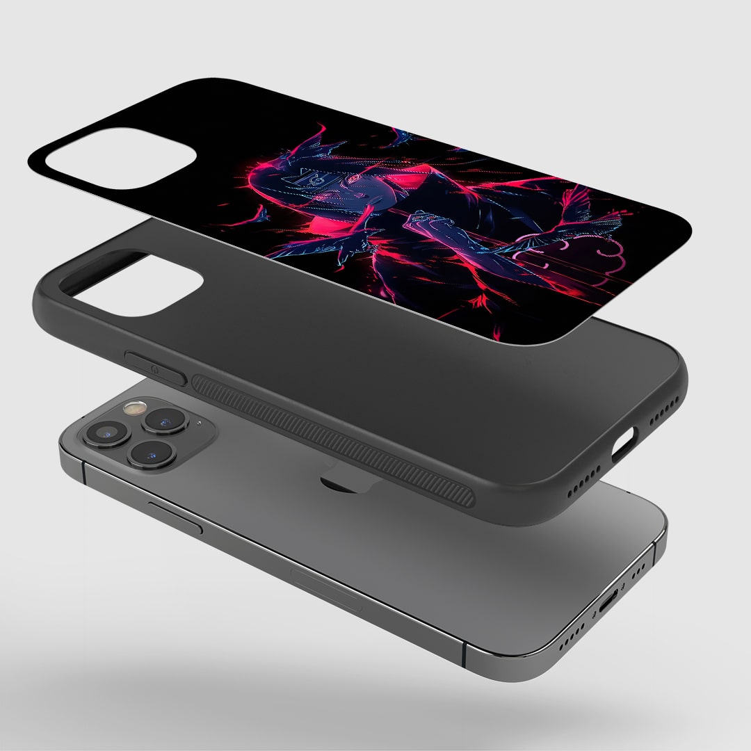 Angled view of Itachi Neon Phone Case highlighting neon anime style.