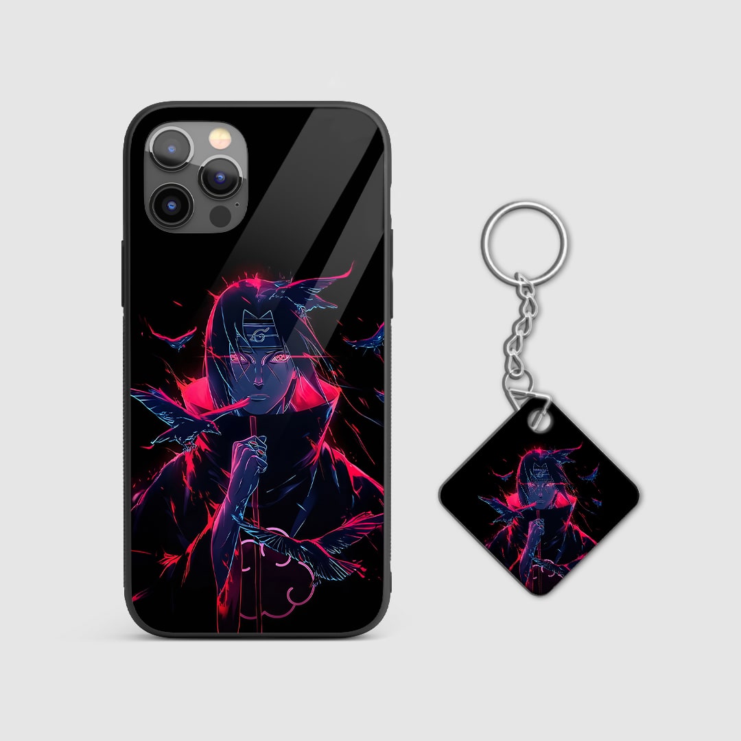 Back view of Itachi Neon Silicone Armored Case featuring vibrant Itachi art with Keychain.