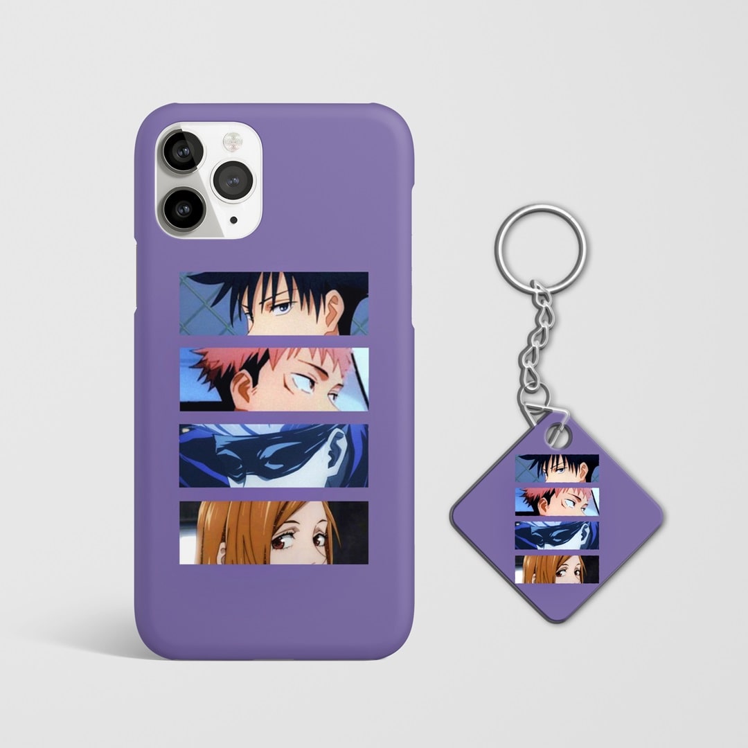 Close-up of Gojo, Yuji, Megumi, and Nobara artwork on phone case with Keychain.