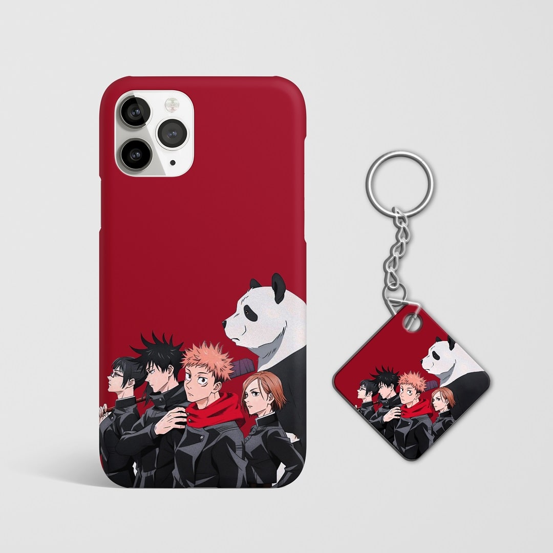 Close-up of Gojo, Yuji, Megumi, and Nobara on phone case with Keychain.