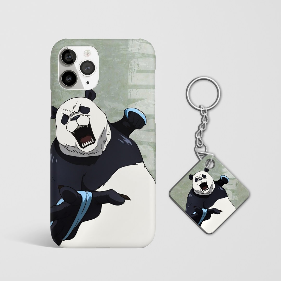 Close-up of Panda's charming expression on phone case with Keychain.