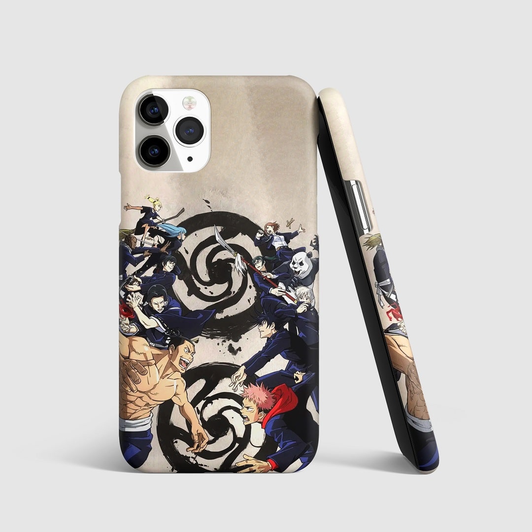 Dynamic design of Jujutsu Kaisen characters on phone cover.