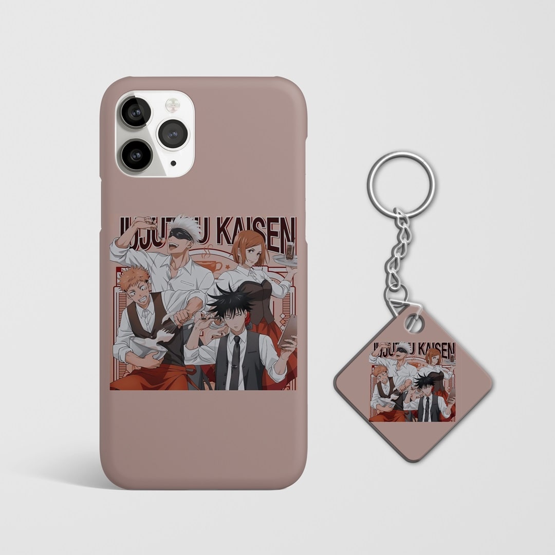 Close-up of Gojo, Yuji, Megumi, and Nobara on phone case with Keychain.