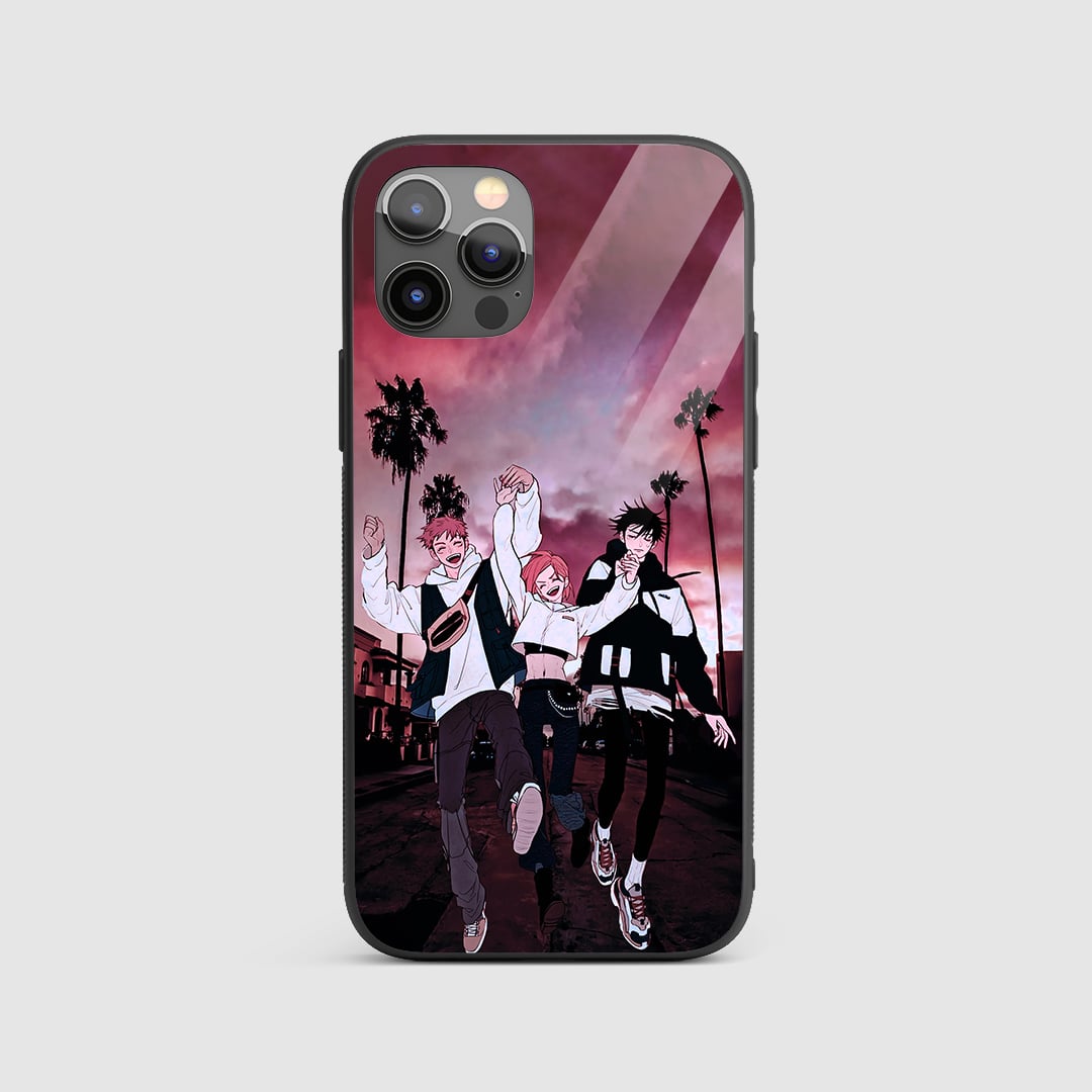 Jujutsu Trio Silicone Armored Phone Case featuring Yuji, Megumi, and Nobara in battle.