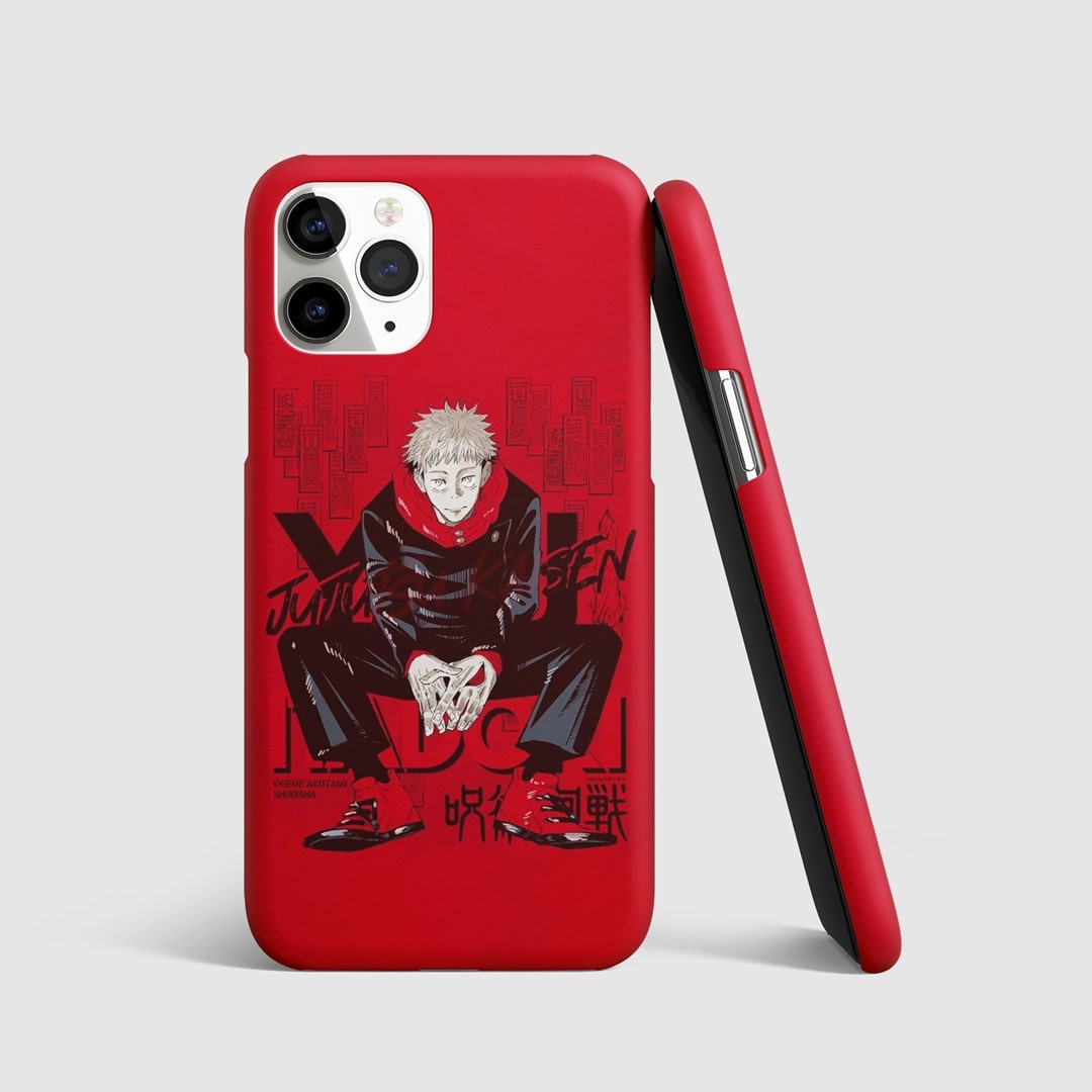 Dynamic artwork of Yuji Itadori in action on phone cover.