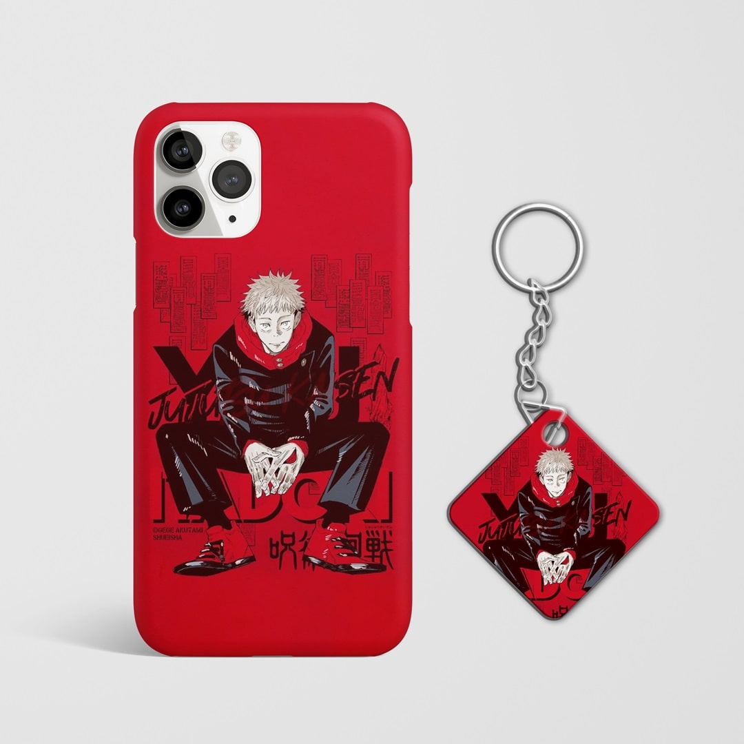 Close-up of Yuji Itadori's intense expression on phone case with Keychain.