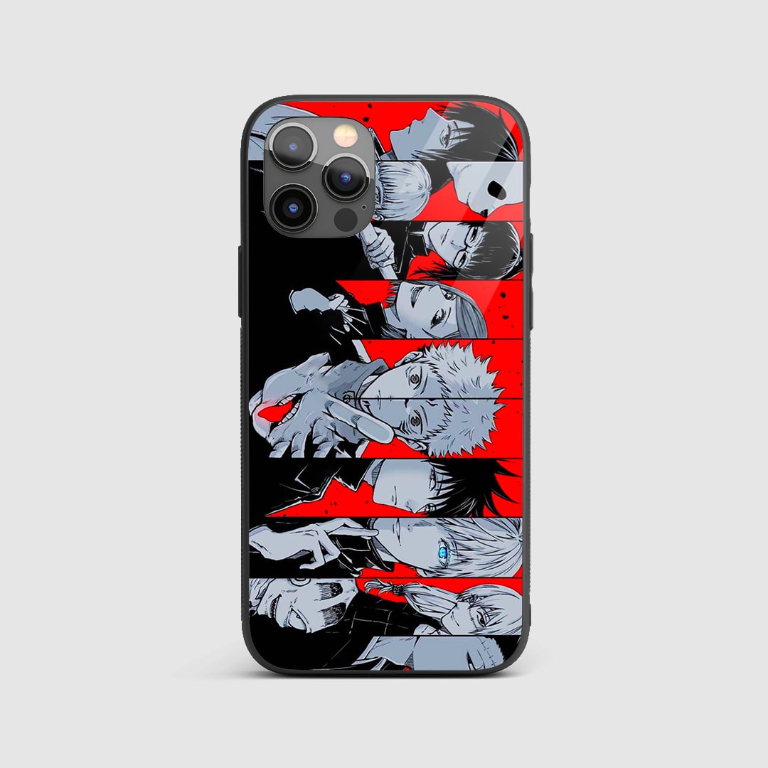 Jujutsu Kaisen Side Scroll Silicone Armored Phone Case front view with key characters