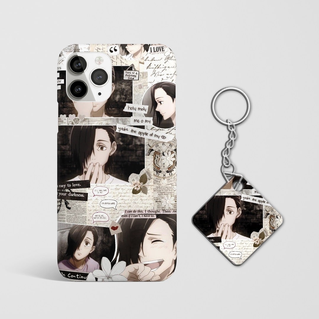 Close-up of Junpei Yoshino's expressive design on phone case with Keychain.