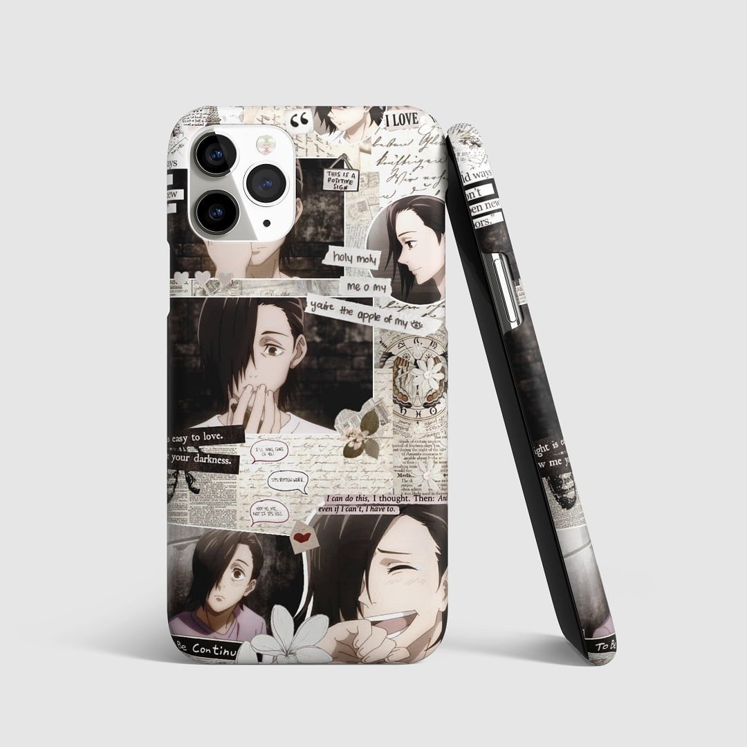 Intricate artwork of Junpei Yoshino on phone cover.